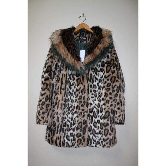 GUESS Natalia Faux Fur Coat Animal Print Tan Brown Celebrity Glam Luxe Jacket - Picture 5 of 8